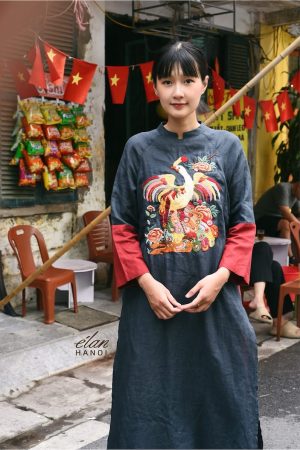 Áo dài thêu tay Công Đông Hồ tay đỏ