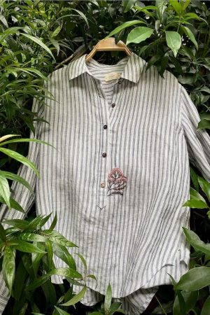 Áo THEN thêu tay - Kẻ xanh ghi