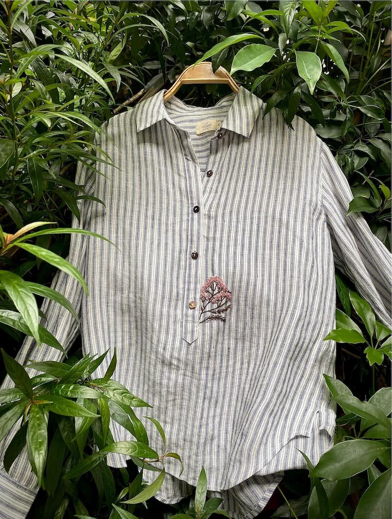 Elan Áo THEN thêu tay - Pure Linen - Kẻ xanh ghi