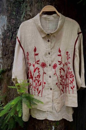 Áo sơ mi phối ren thêu tay hoa cỏ - Linen  - Be