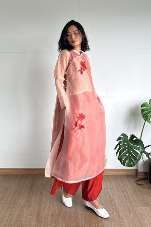 Set Áo dài tơ thêu tay hoa rơi + Áo dài lót đũi tơ