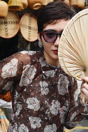 Set áo dài tơ hoa nâu + áo dài sát nách đũi tơ