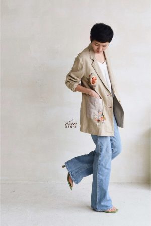 Áo blazer dáng dài thêu tay hoa rơi