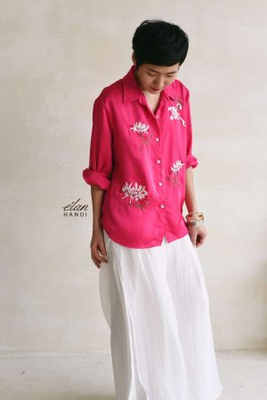 Áo sơmi lụa thêu tay hoa ly rơi