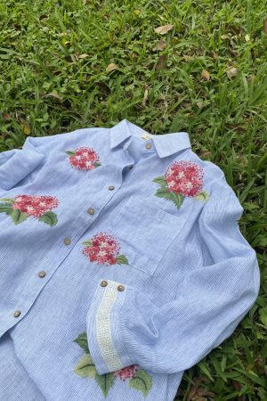 Áo sơ mi kẻ thêu tay cẩm tú cầu