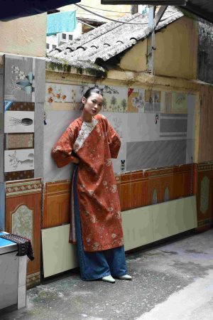 Áo dài hoa dáng rộng thêu tay